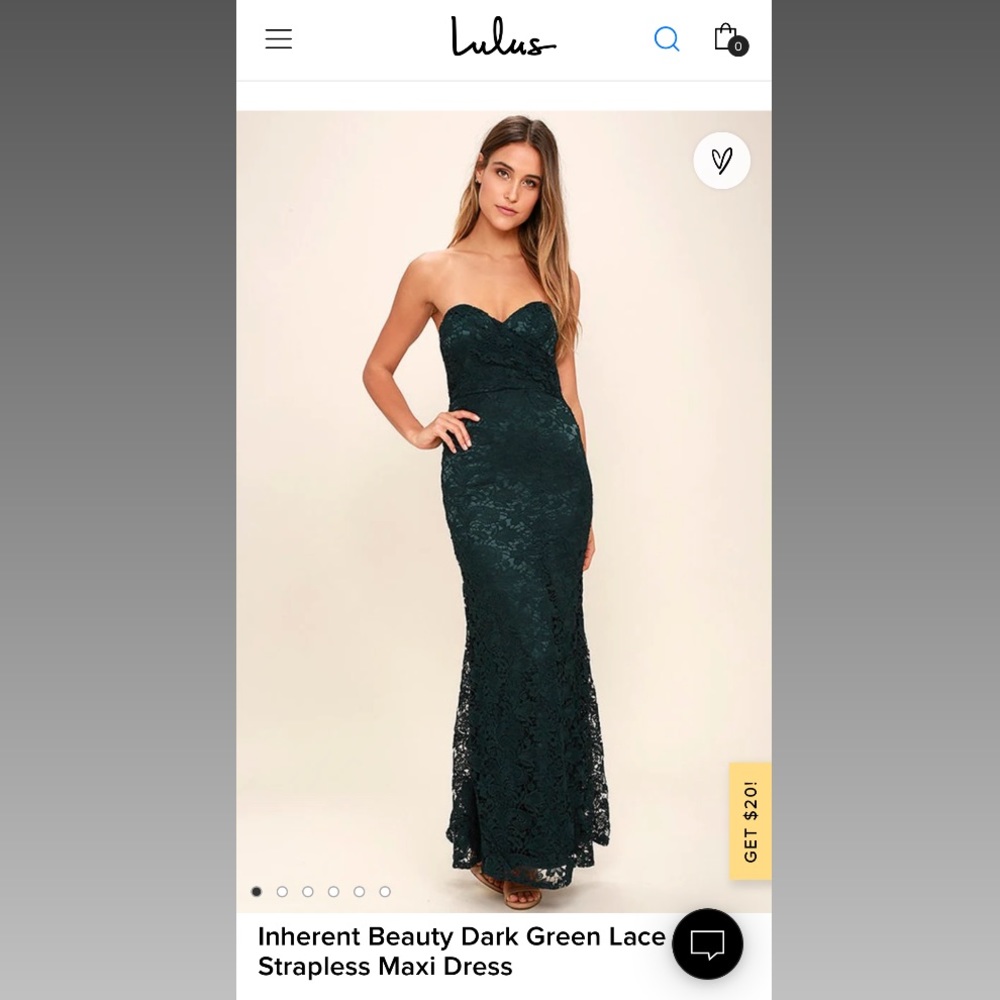 Lulu’s Inherent Beauty Dark Green Strapless Lace Maxi Gown